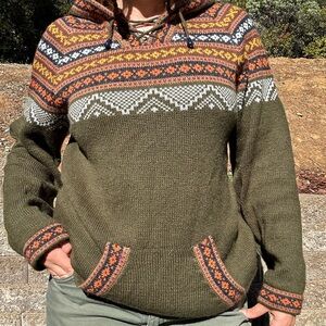 Green Hooded Sweater with Orange and White Patterns